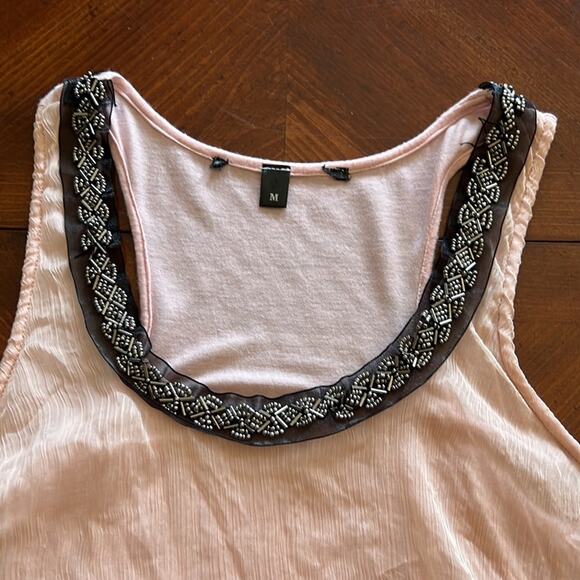 Pink Mixed Media Sleeveless Knit Top with Crinkle Chiffon and Beading Size M - Picture 6 of 10